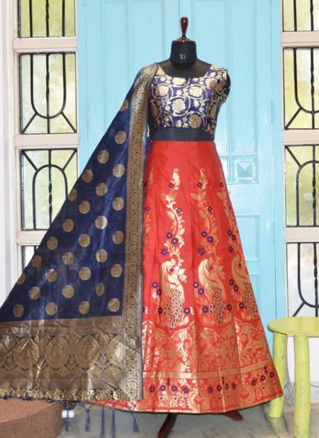 Blue And Orange Colour HOTAM HIT Designer Fancy Festive Wear Heavy Silk Printed Lehenga Choli Collection 10013